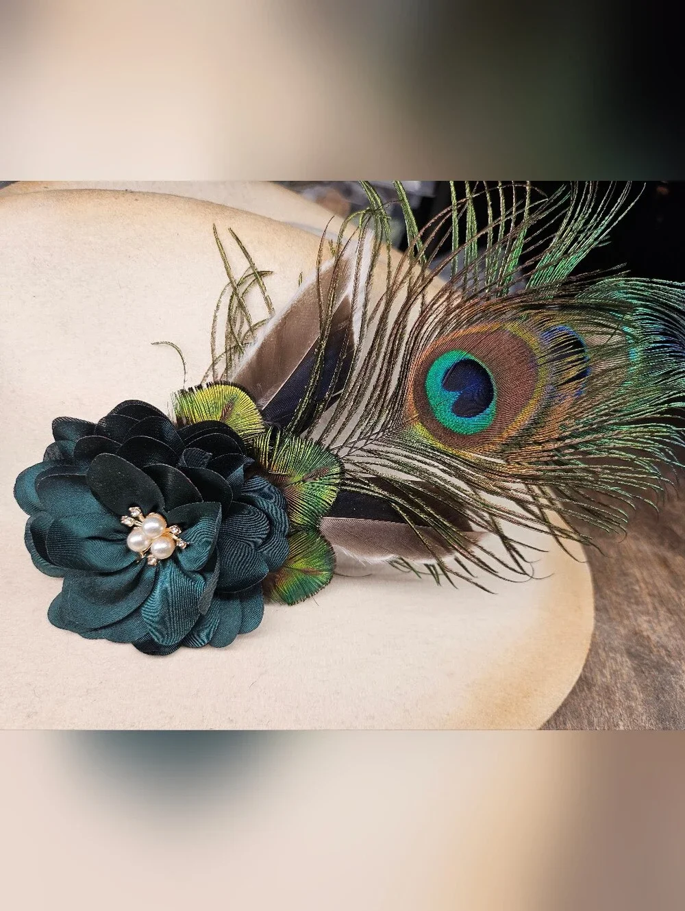 NEW Peacock feather Hat Pin Brooch W/ green satin flower, rhinestones and pearls
